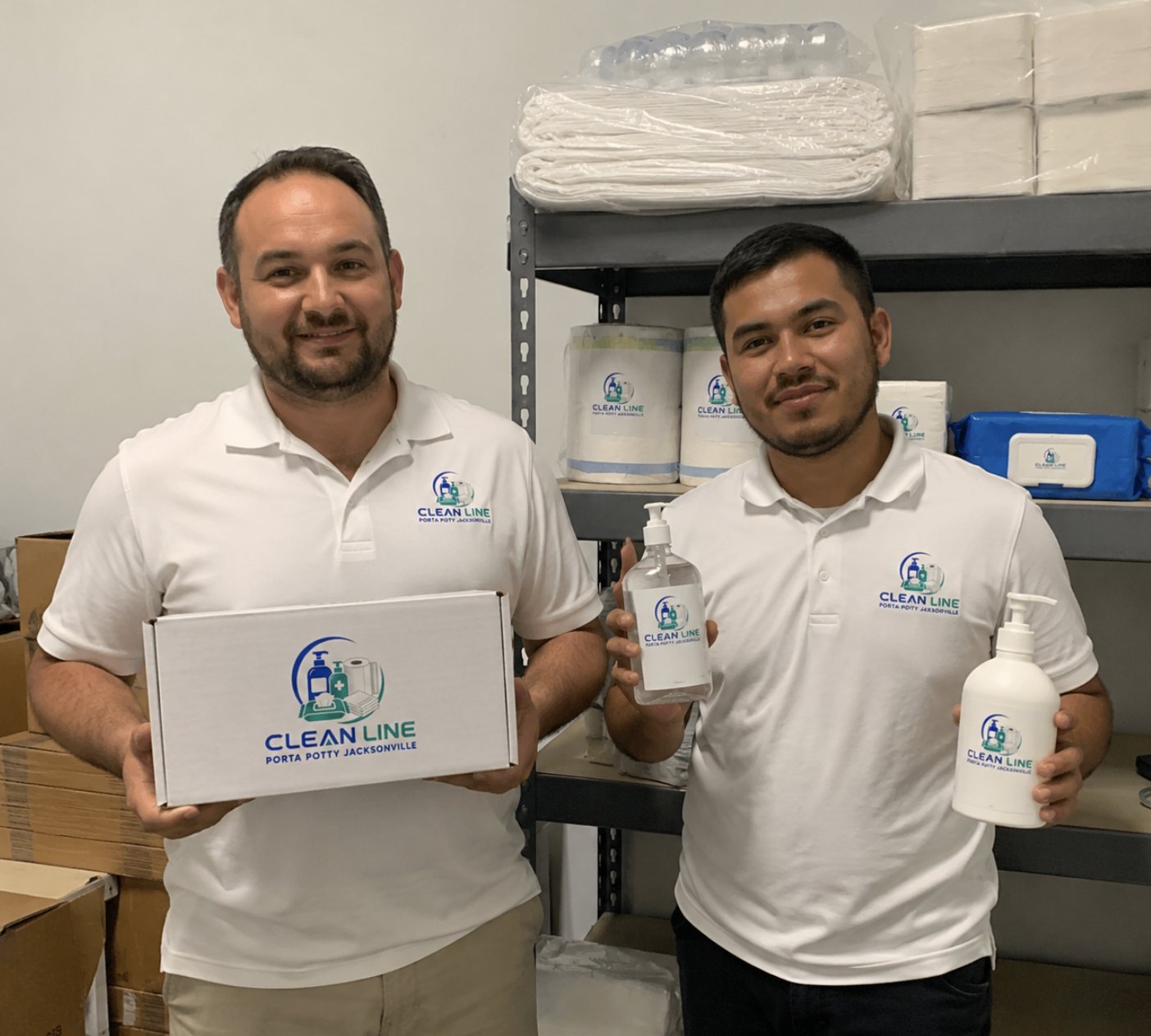 Clean Line Porta Potty Jacksonville staff with toiletries